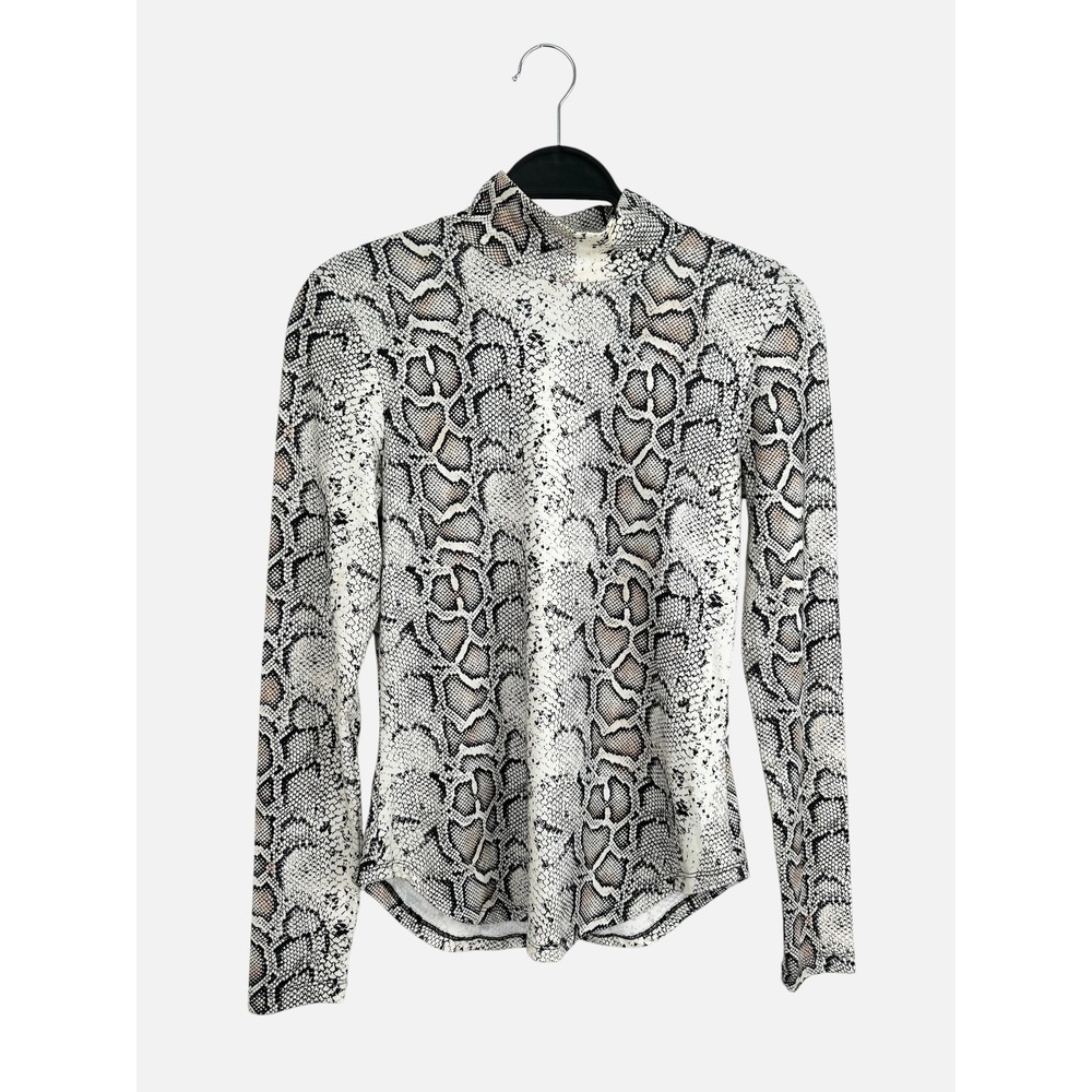 French Connection Womens Snake Print Mock Neck Long Sleeve Top Grey White M